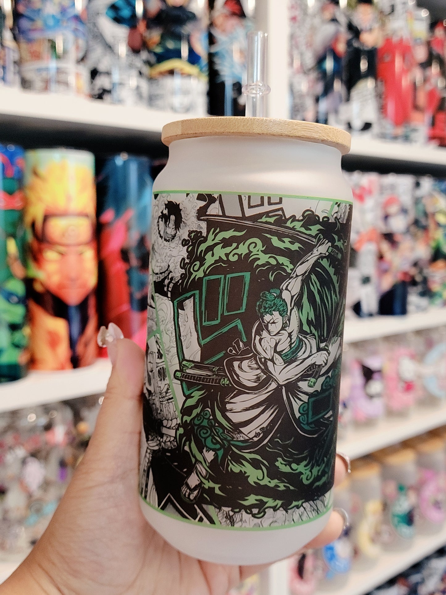 One Piece Anime Matte/ Frosted Glass cup 16oz Beer Can Glass with Straw and Lid