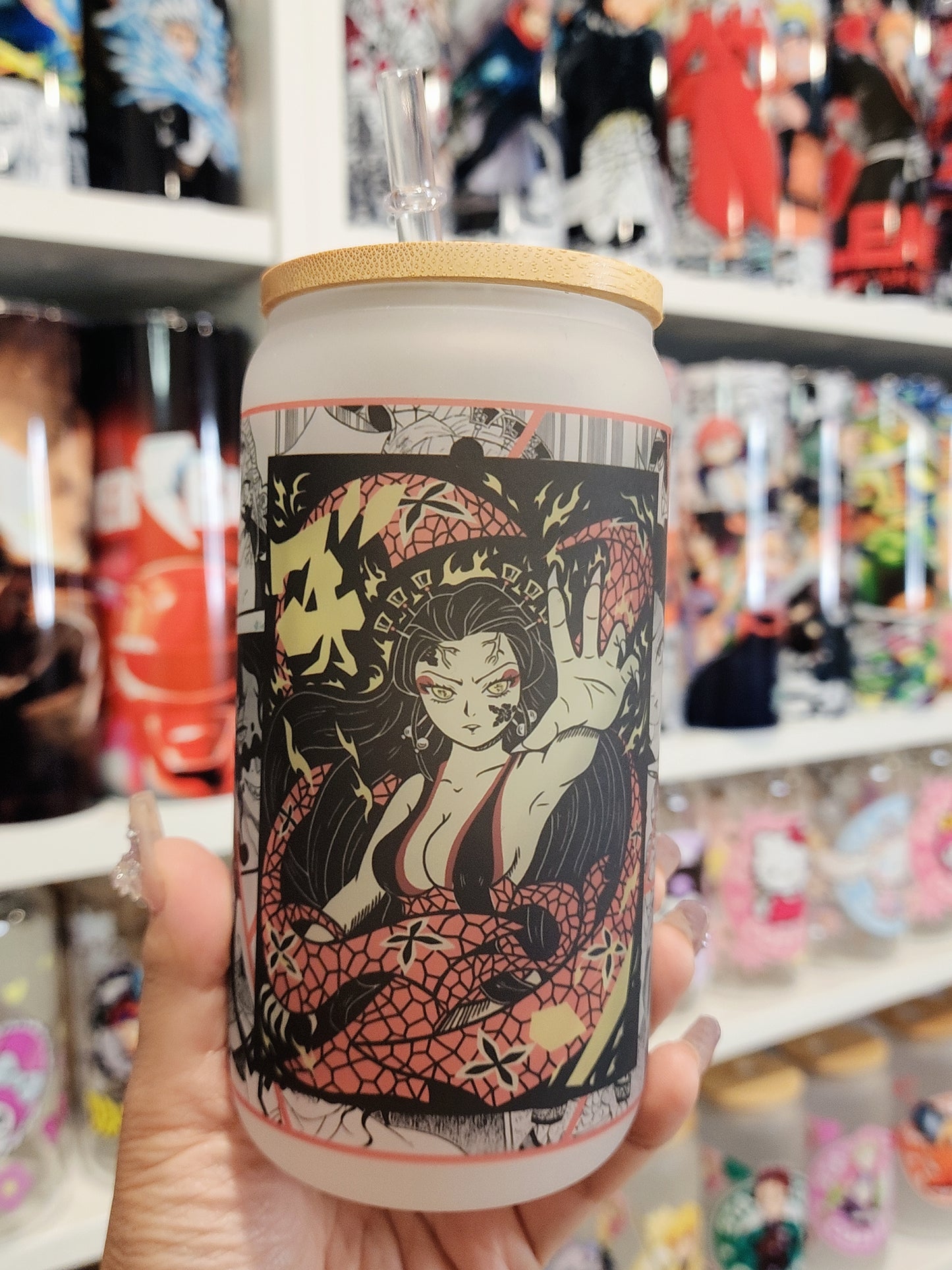 Demon Slayer Anime Matte/ Frosted Glass cup 16oz Beer Can Glass with Straw and Lid