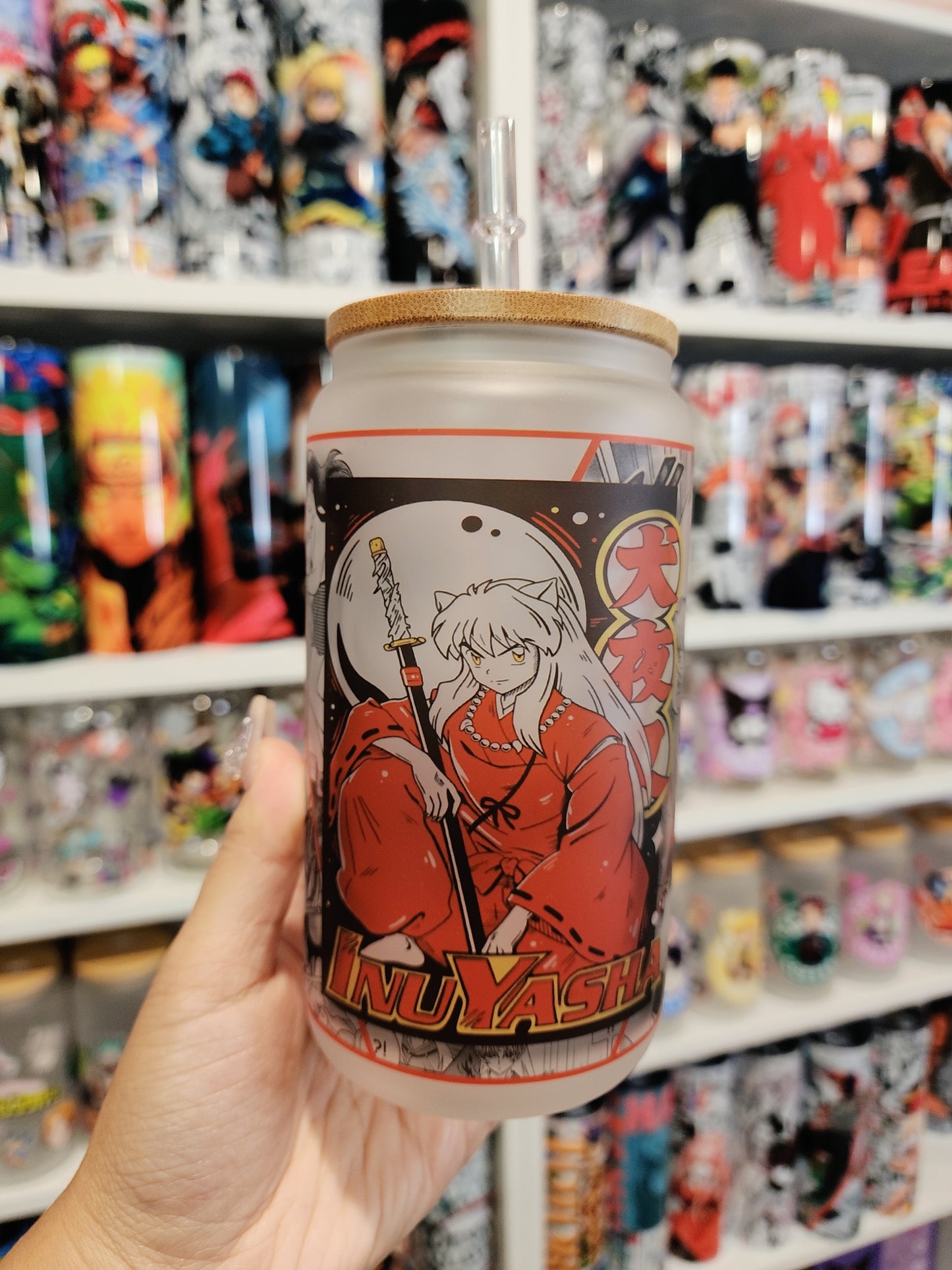 Inuyasha Anime Matte/ Frosted Glass cup 16oz Beer Can Glass with Straw and Lid