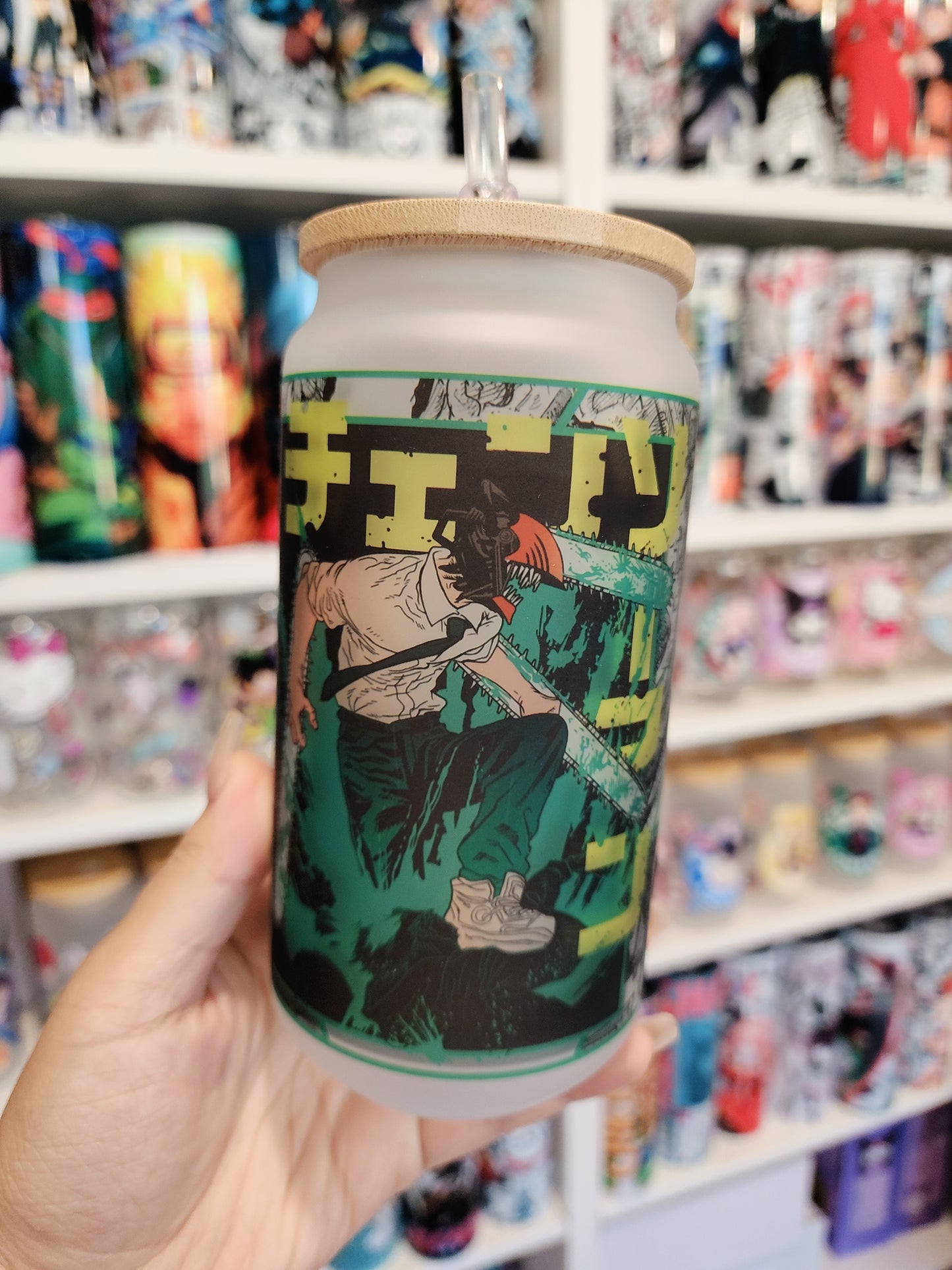 Anime Matte/ Frosted Glass cup 16oz Beer Can Glass with Straw and Lid
