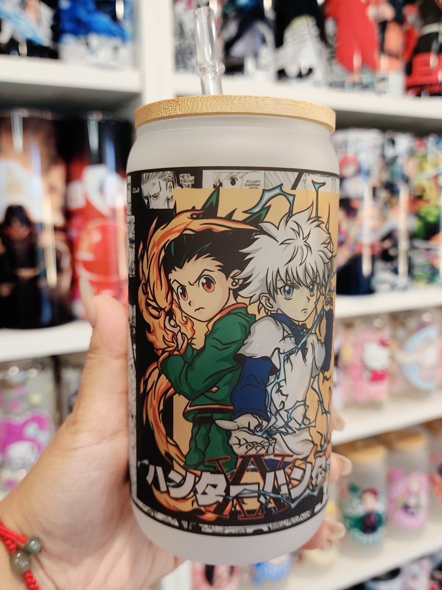 Hunter X Hunter Anime Matte/ Frosted Glass cup 16oz Beer Can Glass with Straw and Lid