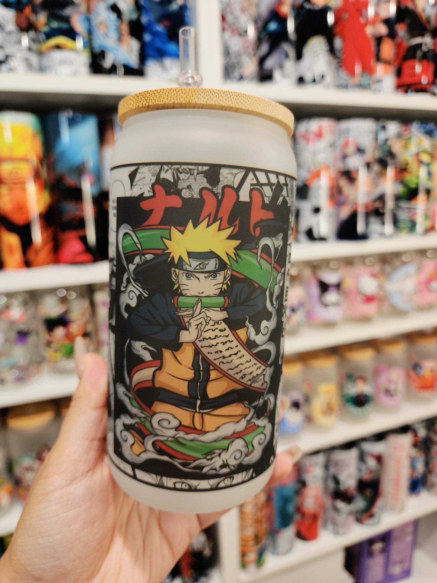 Naruto Anime Matte/ Frosted Glass cup 16oz Beer Can Glass with Straw and Lid
