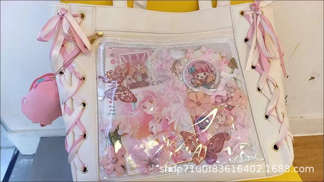 Black & White Tote Bag Silk Ribbon Shoulder ITA Bags, Transparent Window Large Capacity Handbag Purse