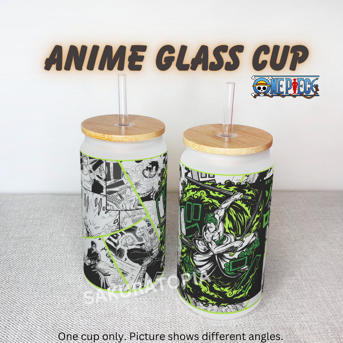 One Piece Anime Matte/ Frosted Glass cup 16oz Beer Can Glass with Straw and Lid