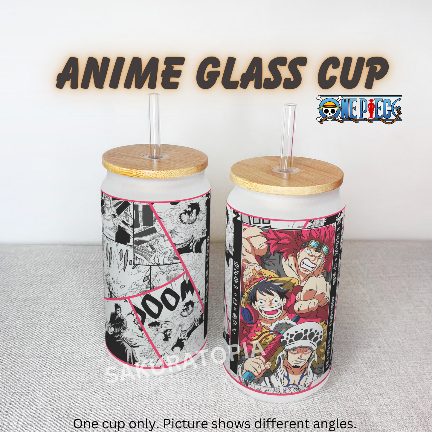 One Piece Anime Matte/ Frosted Glass cup 16oz Beer Can Glass with Straw and Lid
