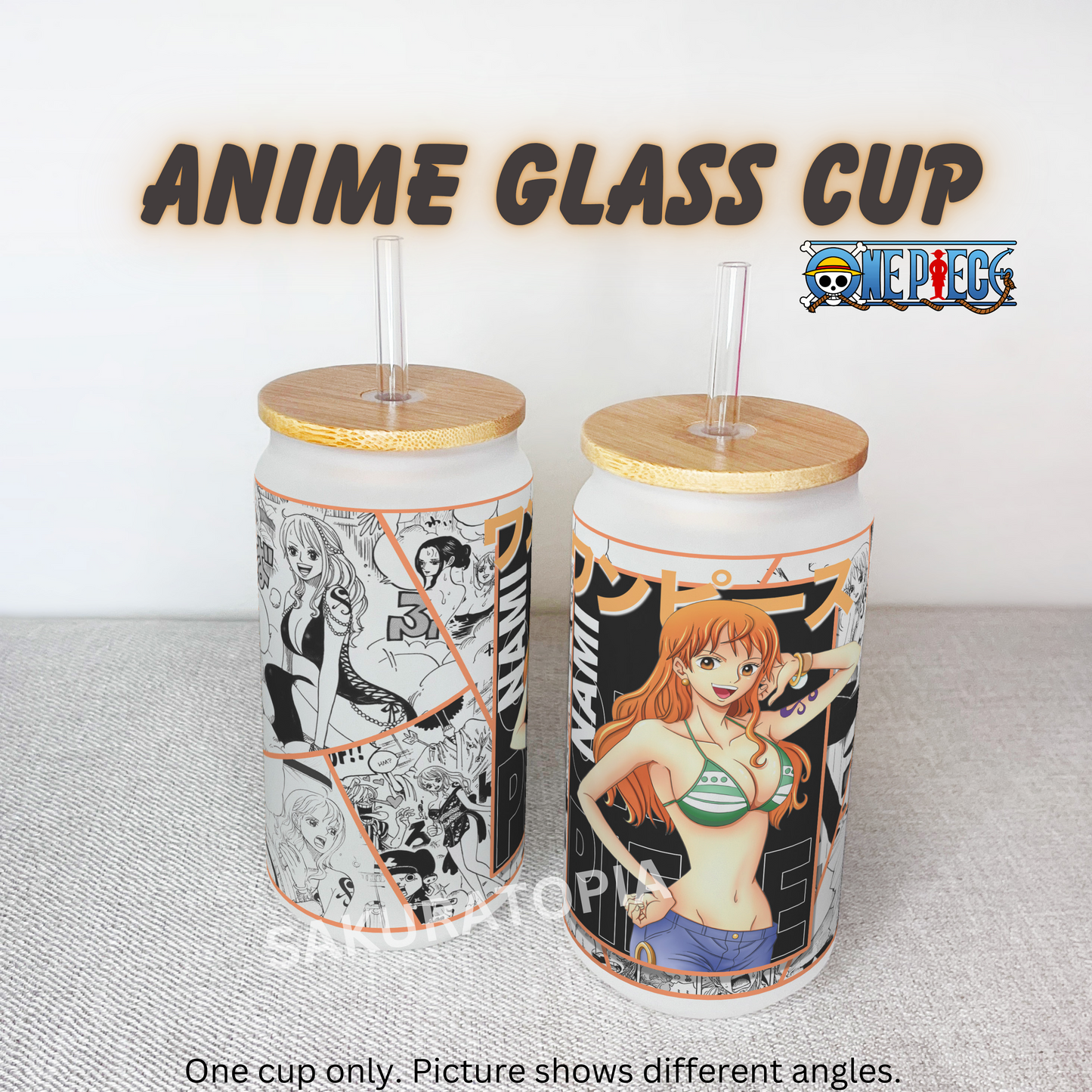 One Piece Anime Matte/ Frosted Glass cup 16oz Beer Can Glass with Straw and Lid