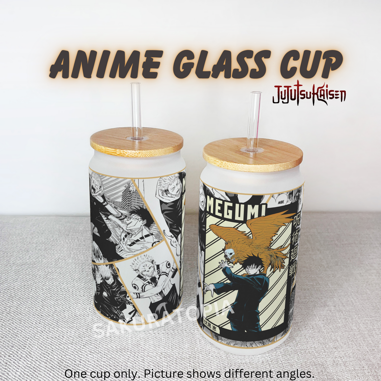 Jujutsu Kaisen Anime Matte/ Frosted Glass cup 16oz Beer Can Glass with Straw and Lid