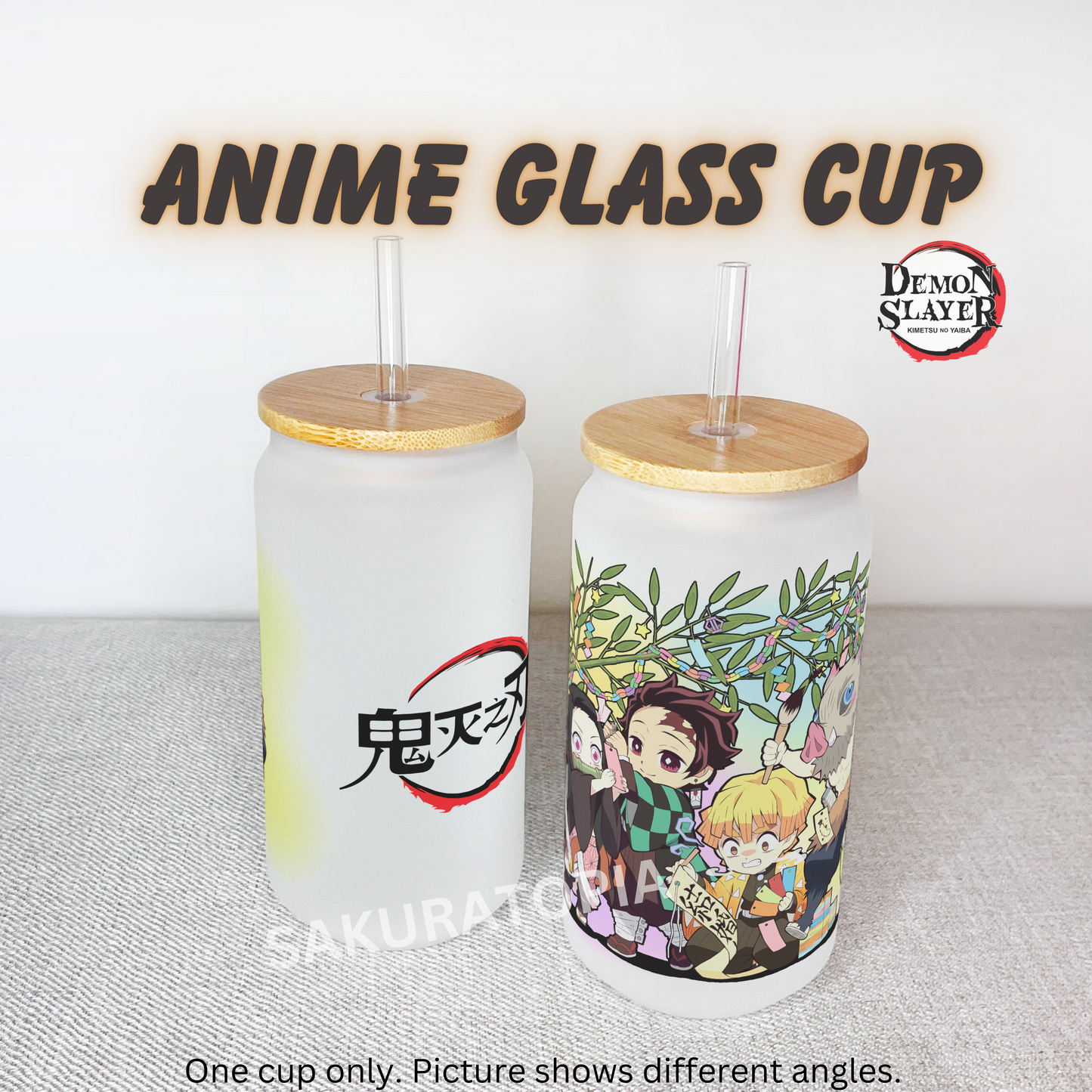 Demon Slayer Anime Matte/ Frosted Glass cup 16oz Beer Can Glass with Straw and Lid