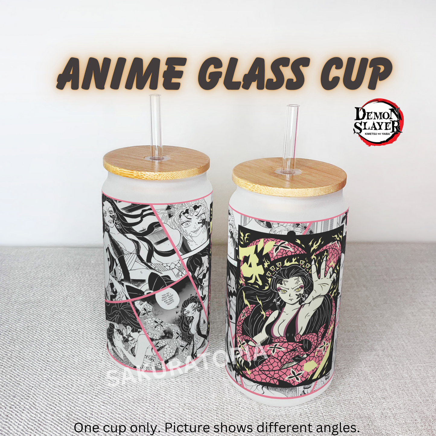Demon Slayer Anime Matte/ Frosted Glass cup 16oz Beer Can Glass with Straw and Lid