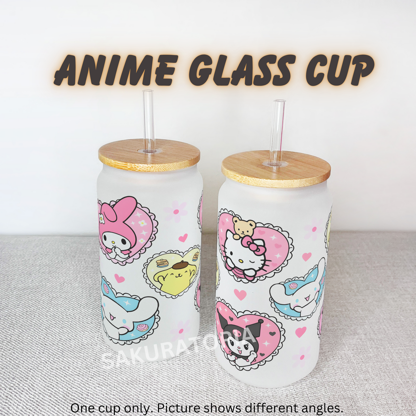 Sanrio Anime Matte/ Frosted Glass cup 16oz Beer Can Glass with Straw and Lid