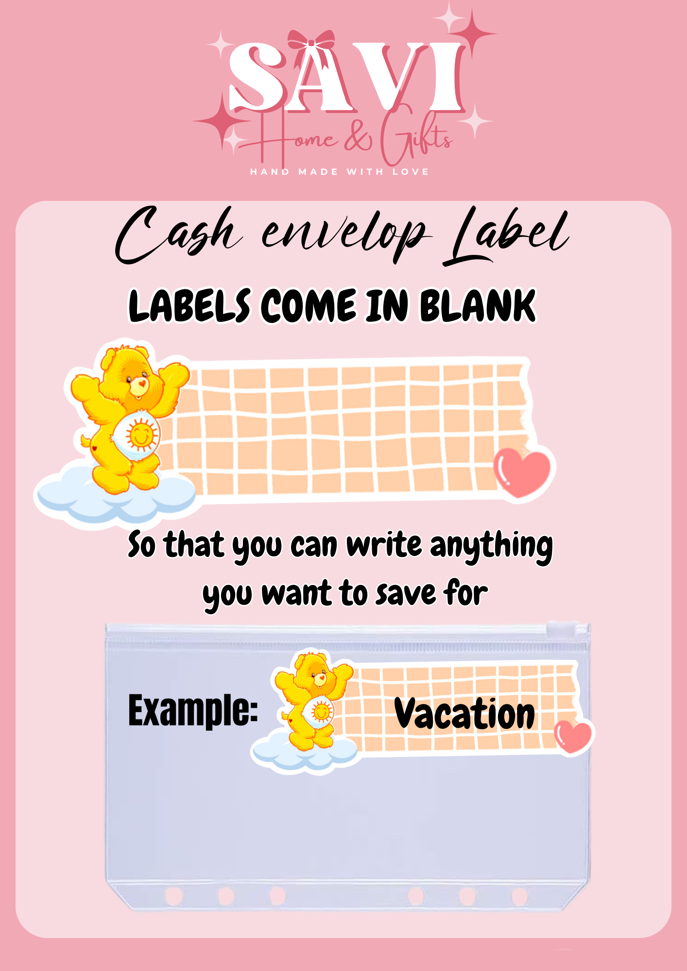 Care Bear Personalized Budget Binder with cash envelopes/ label sticker