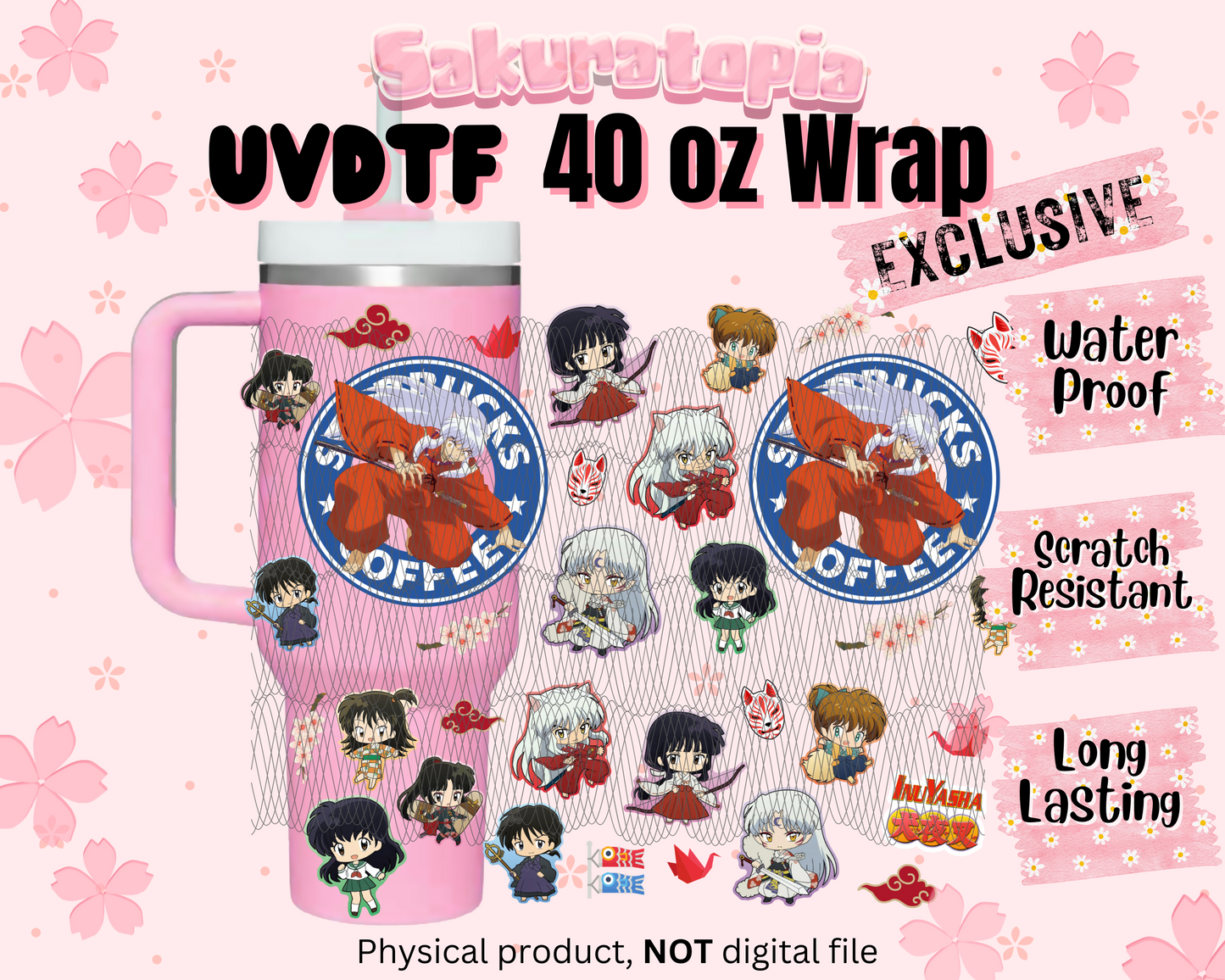UVDTF 40oz Tumbler Inuyasha Anime Wrap, Ready to Use Tumbler UVDTF transfers for tumbler | Ready to Apply UVDTF wraps for 40oz tumbler