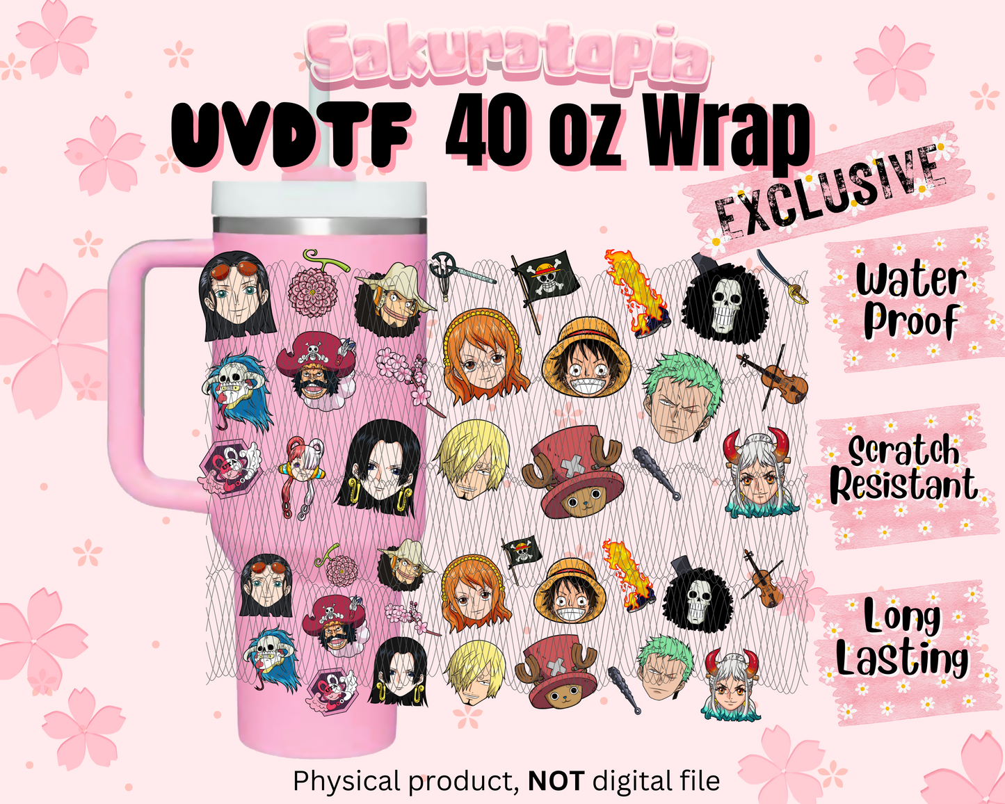 UVDTF 40oz Tumbler One Piece Anime Wrap, Ready to Use Tumbler UVDTF transfers for tumbler | Ready to Apply UVDTF wraps for 40oz tumbler