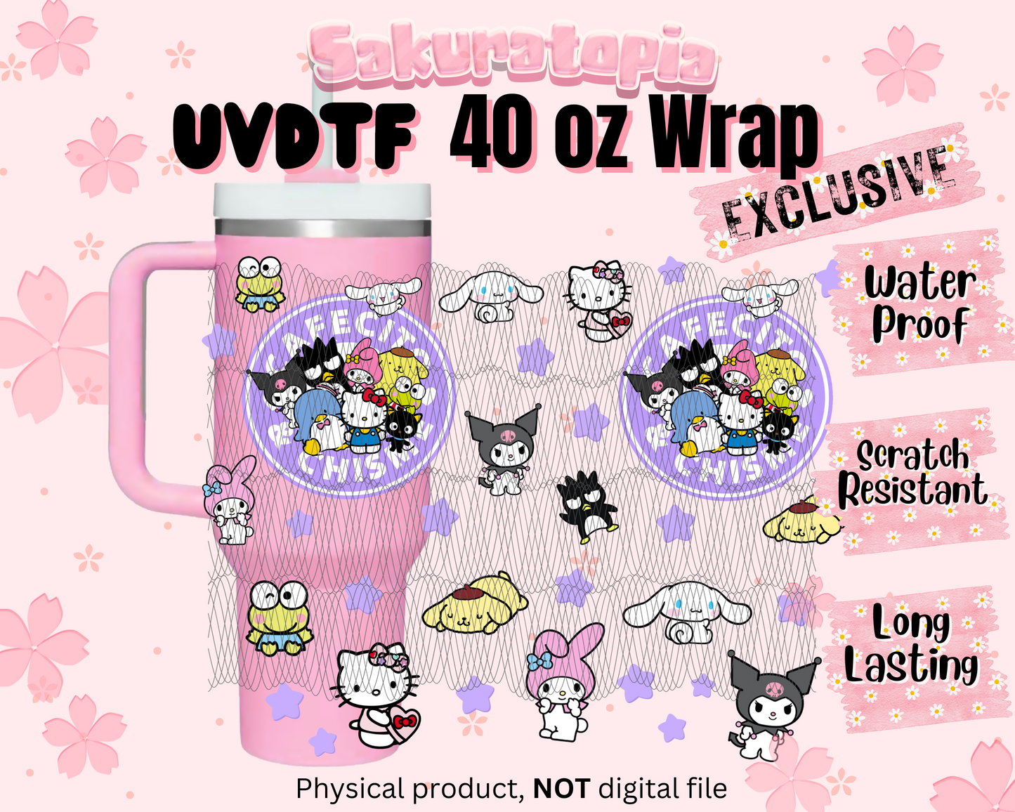 UVDTF 40oz Tumbler Sanrio Anime Wrap, Ready to Use Tumbler UVDTF transfers for tumbler | Ready to Apply UVDTF wraps for 40oz tumbler