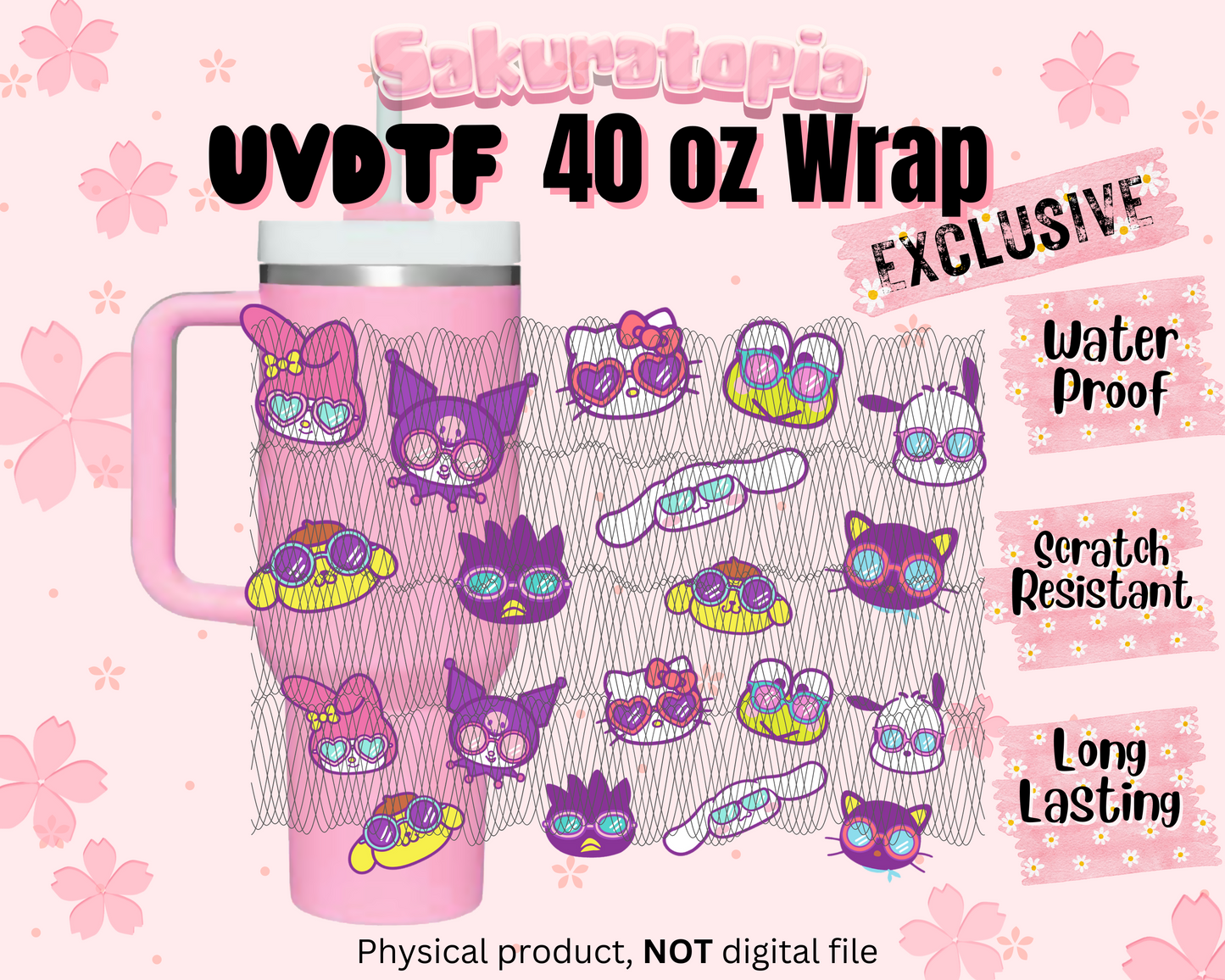 UVDTF 40oz Tumbler Sanrio Anime Wrap, Ready to Use Tumbler UVDTF transfers for tumbler | Ready to Apply UVDTF wraps for 40oz tumbler