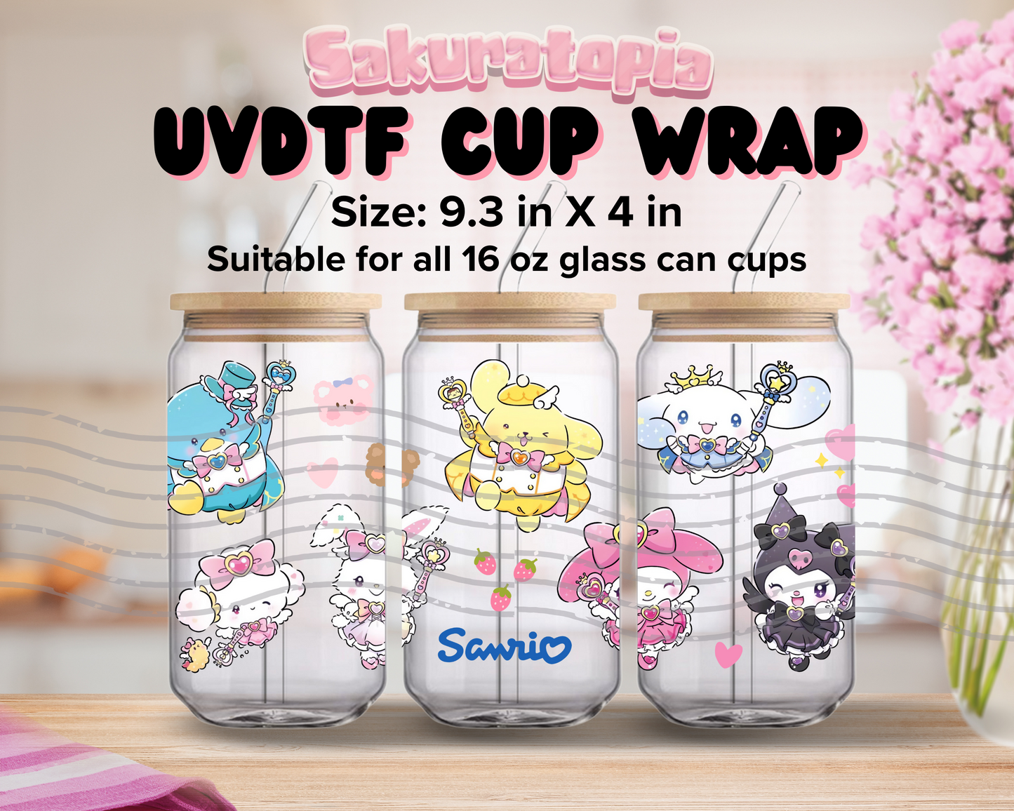 Sanrio Anime Cup Wrap, Ready to Use Glass Cup UVDTF transfers for Glass Can | Ready to Apply UVDTF wraps for Libbey Glass