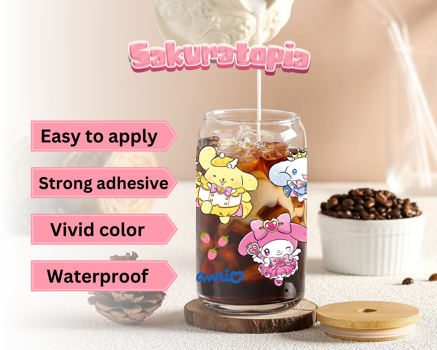Sanrio Anime Cup Wrap, Ready to Use Glass Cup UVDTF transfers for Glass Can | Ready to Apply UVDTF wraps for Libbey Glass