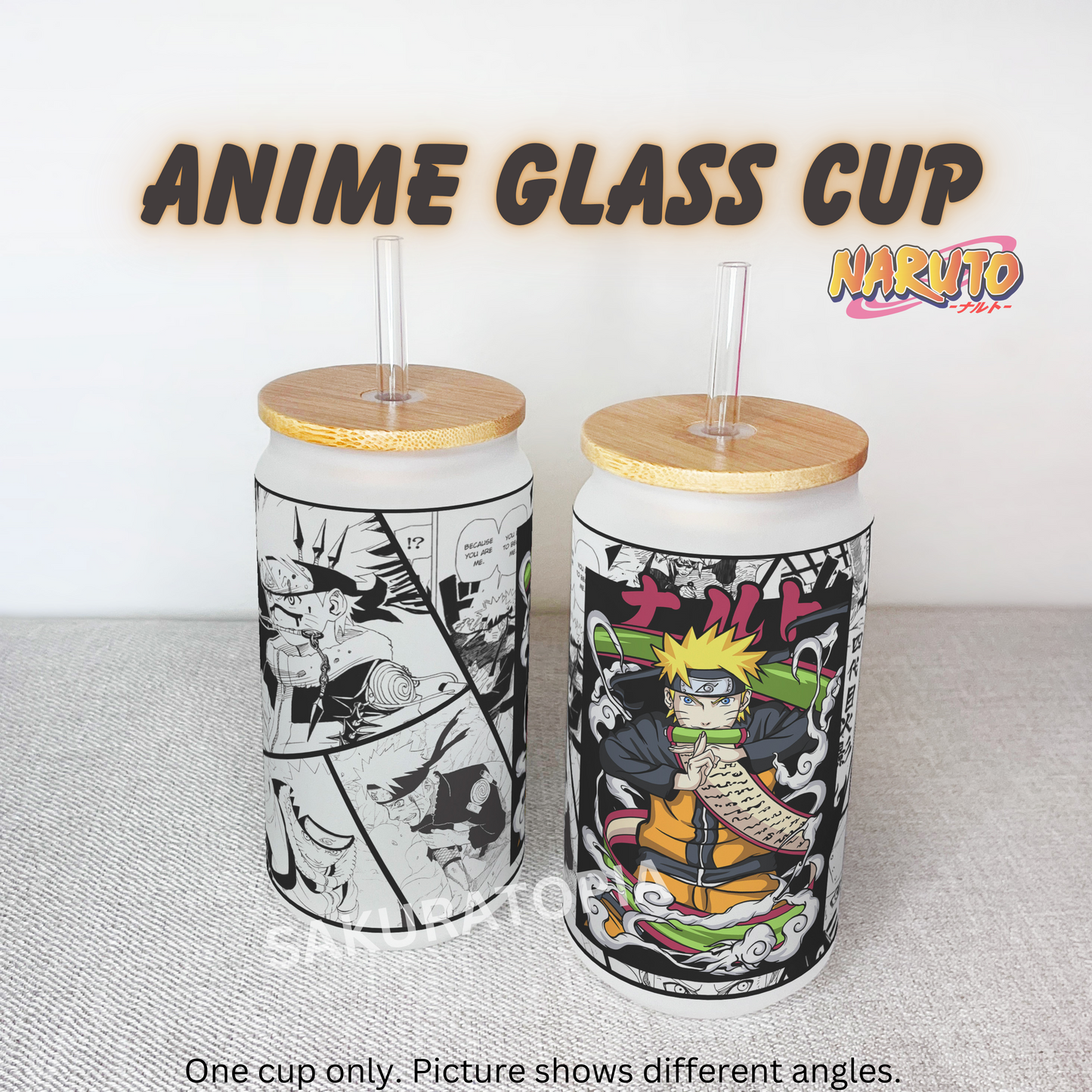 Naruto Anime Matte/ Frosted Glass cup 16oz Beer Can Glass with Straw and Lid