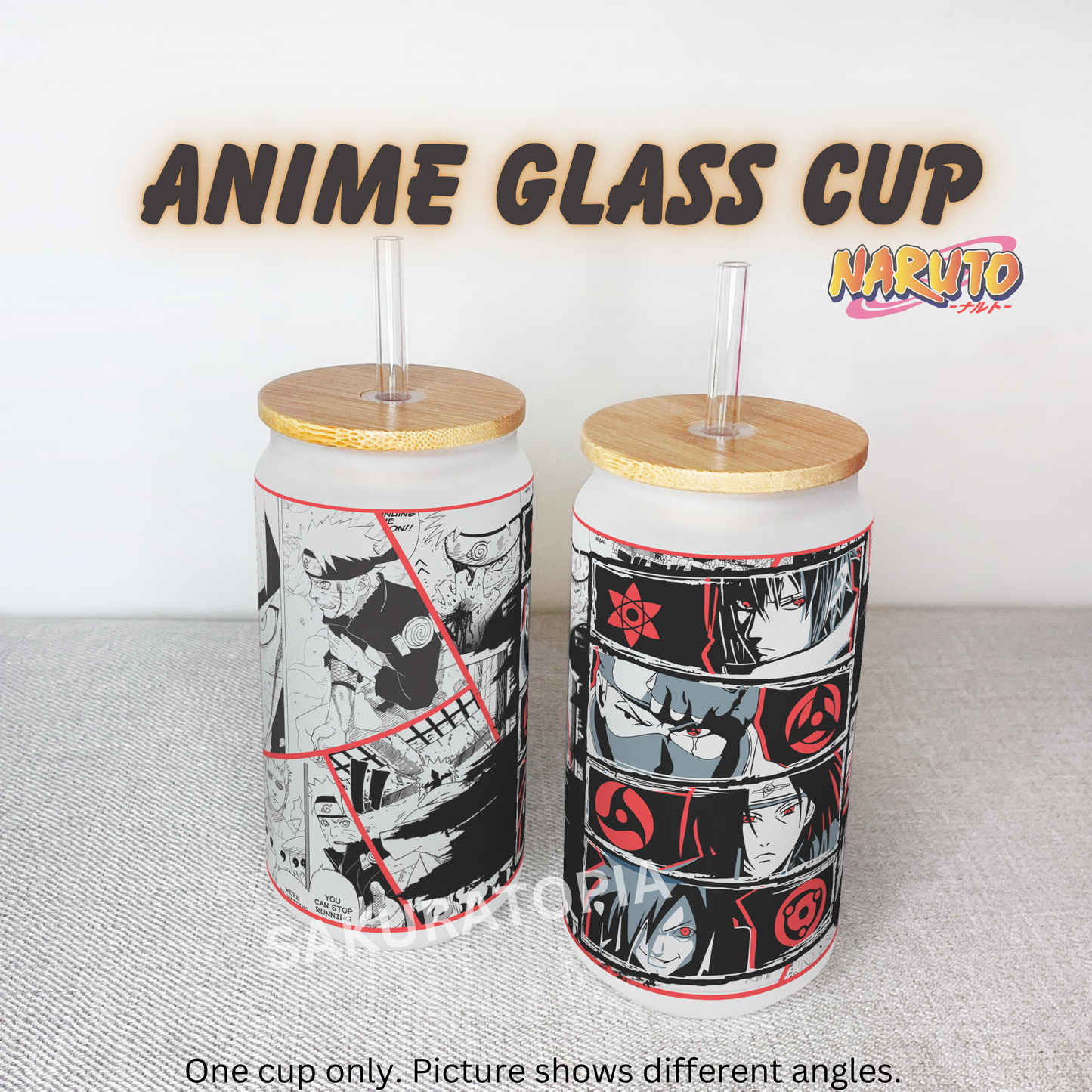 Naruto Anime Matte/ Frosted Glass cup 16oz Beer Can Glass with Straw and Lid
