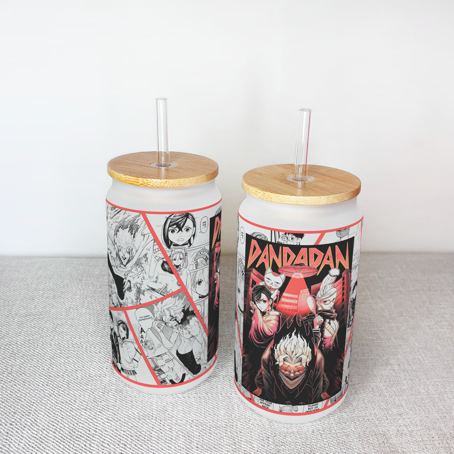 Dan Da Dan Anime Matte/ Frosted Glass cup 16oz Beer Can Glass with Straw and Lid