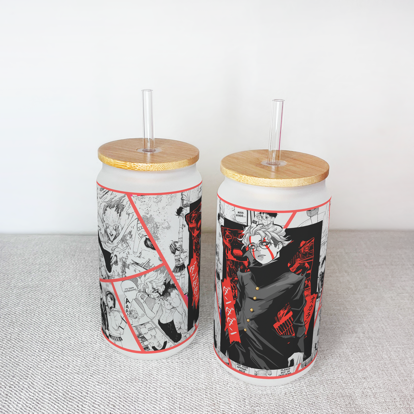 Dan Da Dan Anime Matte/ Frosted Glass cup 16oz Beer Can Glass with Straw and Lid