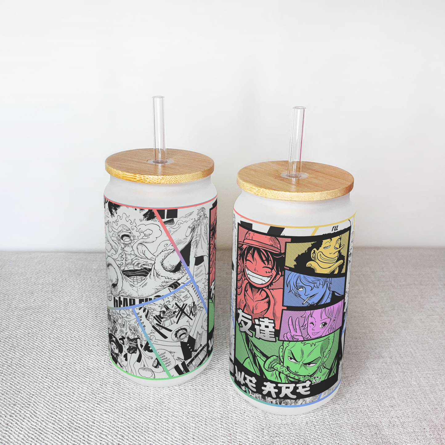 Anime Matte/ Frosted Glass cup 16oz Beer Can Glass with Straw and Lid