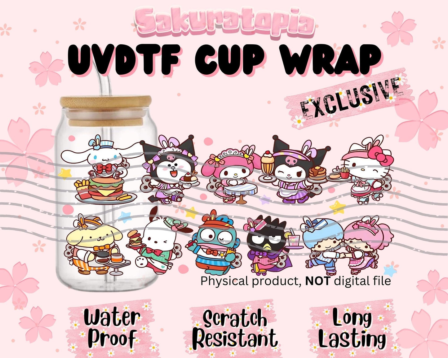 UVDTF Sanrio Anime Cup Wrap, Ready to Use Glass Cup UVDTF transfers for Glass Can | Ready to Apply UVDTF wraps for Libbey Glass