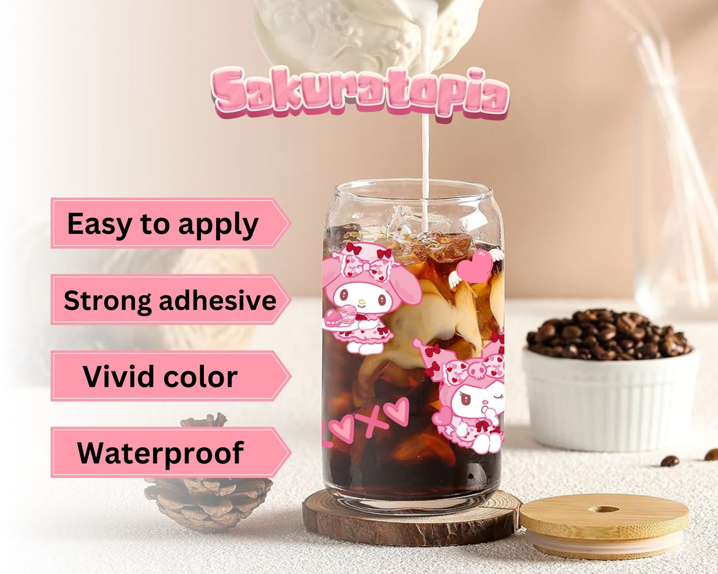 UVDTF Sanrio Valentine's Day Kawaii Cat Cup Wrap, Ready to use UVDTF for Glass Cup , Valentines Day Libbey glass wrap, Beer can glass 16oz wrap