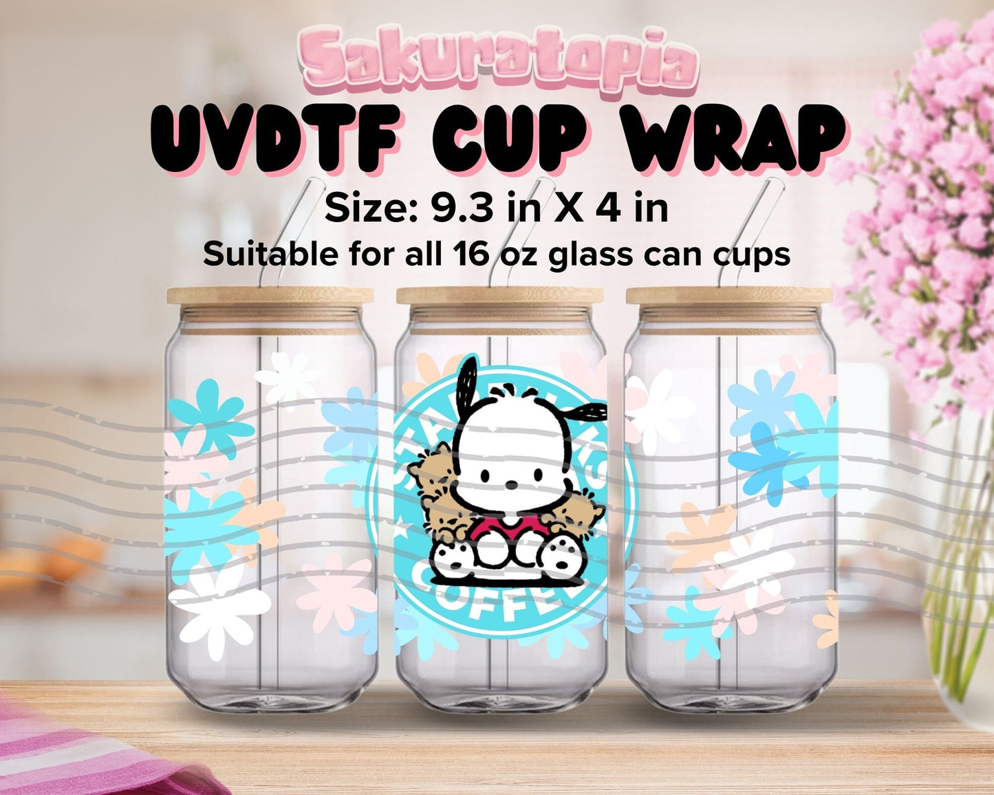UVDTF Sanrio Anime Cup Wrap, Ready to Use Glass Cup UVDTF transfers for Glass Can | Ready to Apply UVDTF wraps for Libbey Glass