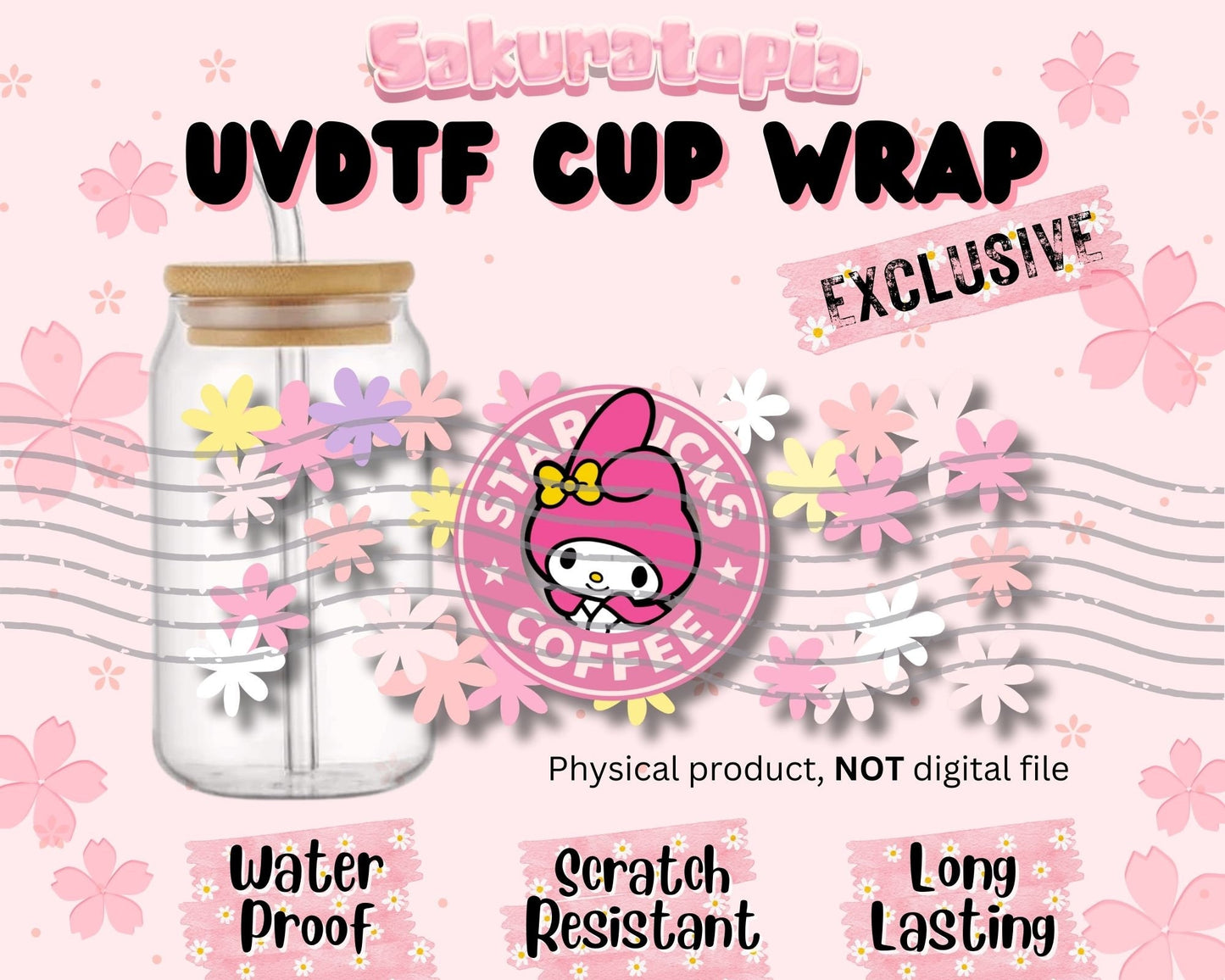UVDTF Sanrio Anime Cup Wrap, Ready to Use Glass Cup UVDTF transfers for Glass Can | Ready to Apply UVDTF wraps for Libbey Glass