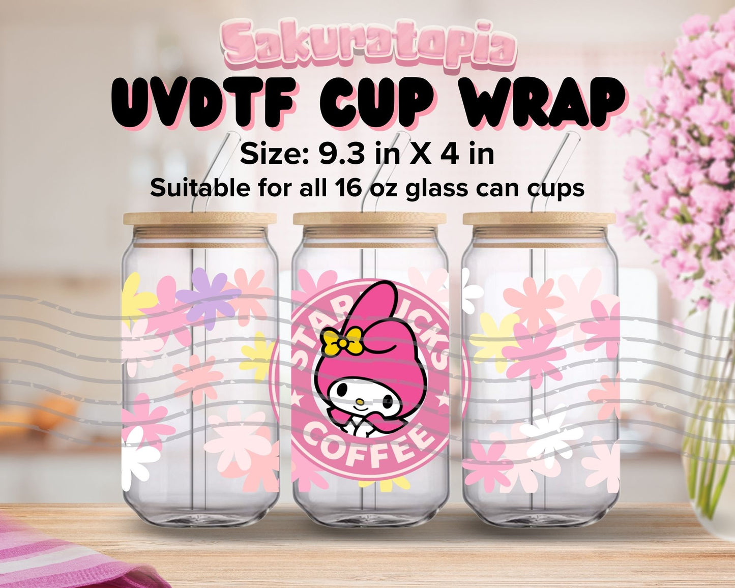 UVDTF Sanrio Anime Cup Wrap, Ready to Use Glass Cup UVDTF transfers for Glass Can | Ready to Apply UVDTF wraps for Libbey Glass
