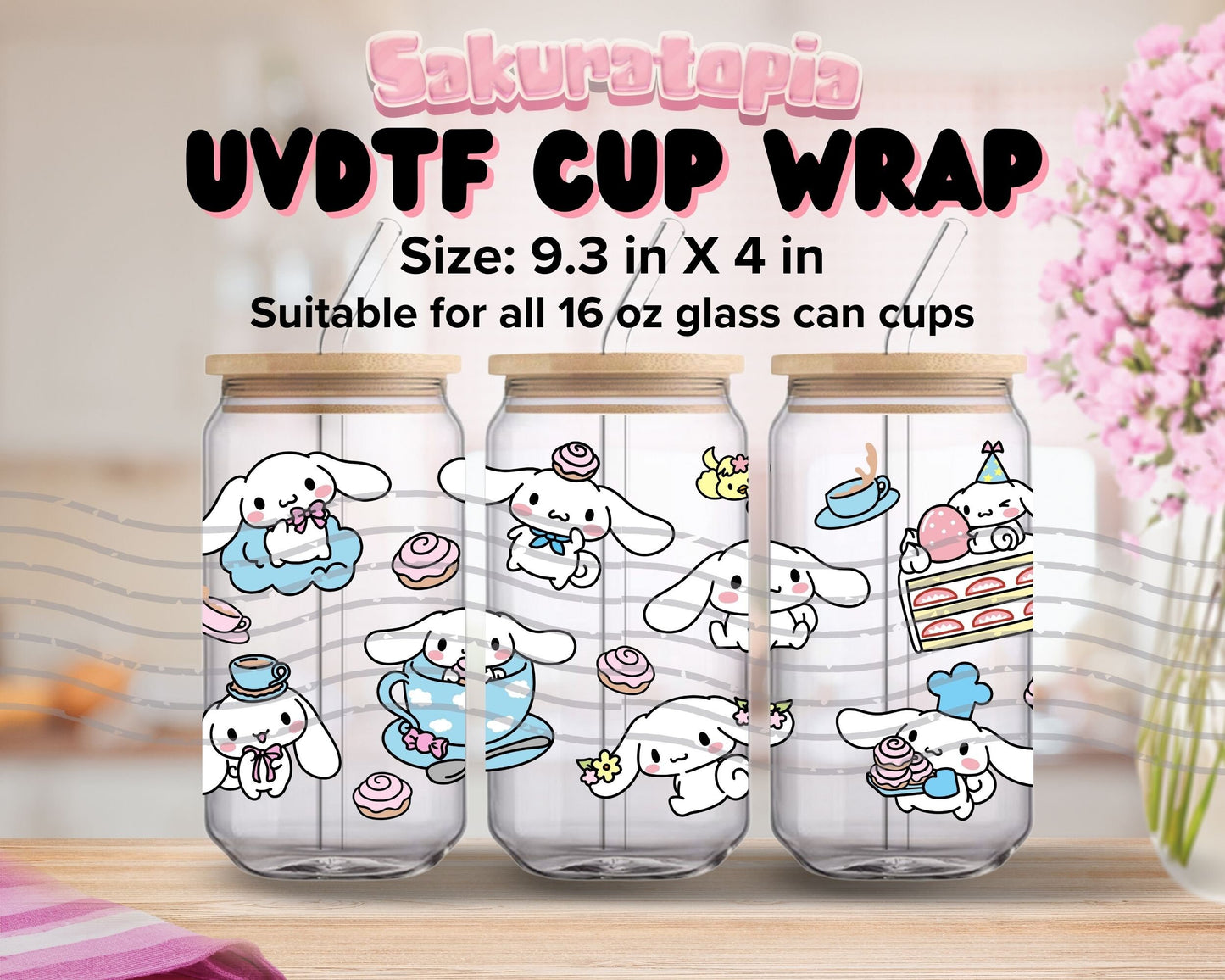UVDTF Sanrio Anime Cup Wrap, Ready to Use Glass Cup UVDTF transfers for Glass Can | Ready to Apply UVDTF wraps for Libbey Glass