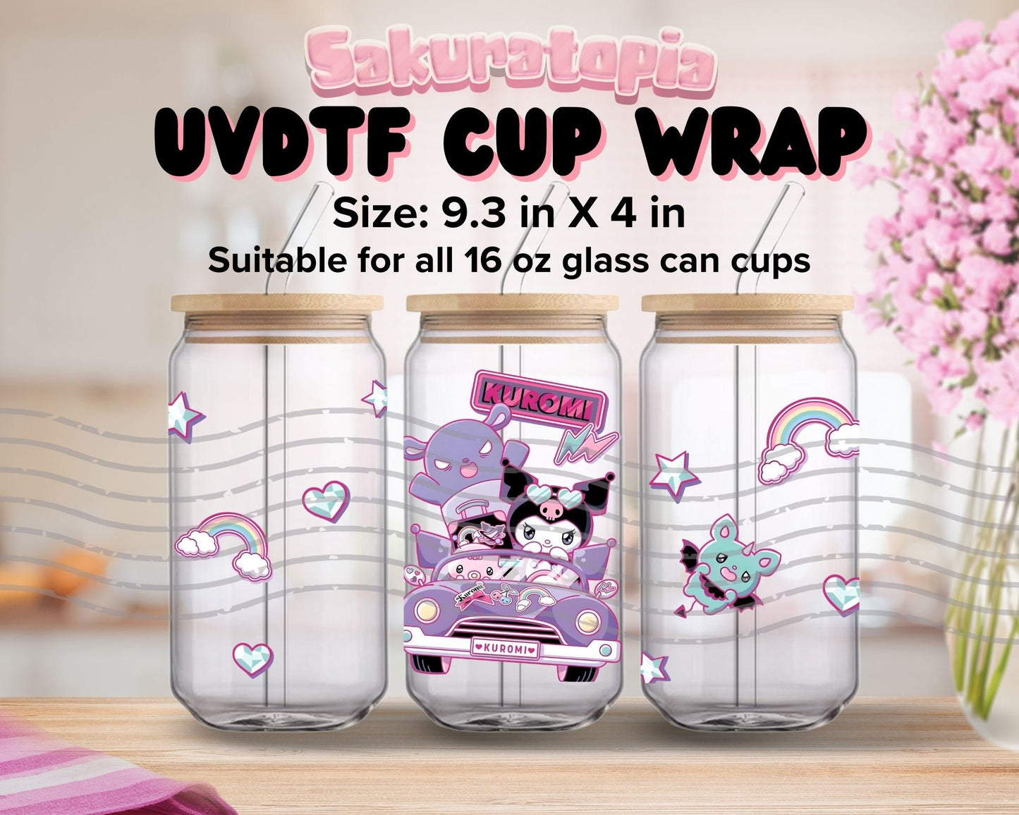 UVDTF Sanrio Anime Cup Wrap, Ready to Use Glass Cup UVDTF transfers for Glass Can | Ready to Apply UVDTF wraps for Libbey Glass