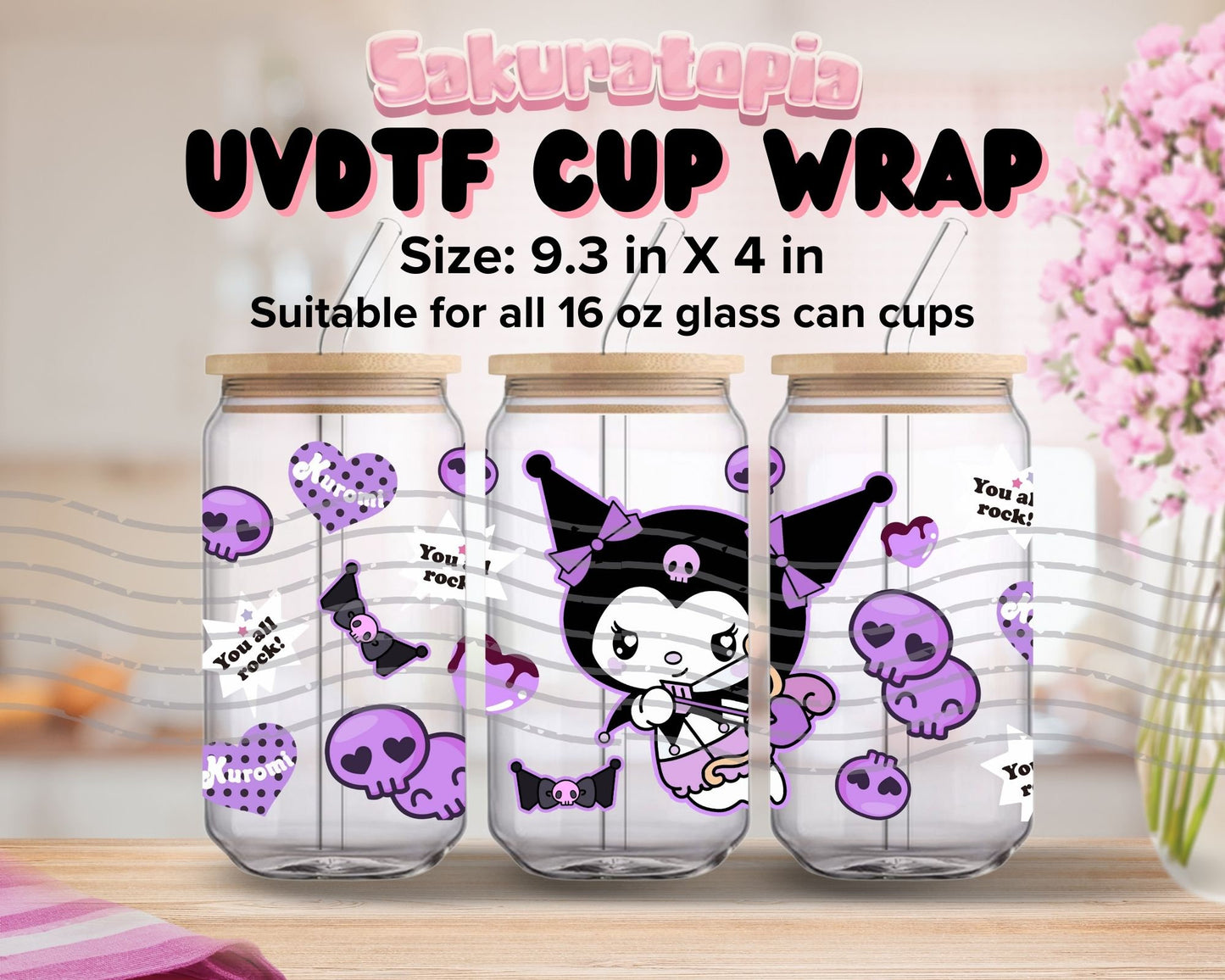 UVDTF Sanrio Anime Cup Wrap, Ready to Use Glass Cup Wrap for Glass Can | Ready to Apply UVDTF, UVDTF Transfers