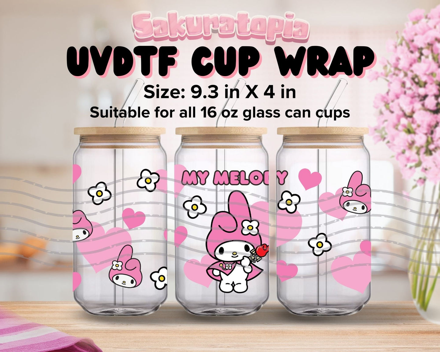 UVDTF Sanrio Anime Cup Wrap, Ready to Use Glass Cup Wrap for Glass Can | Ready to Apply UVDTF, UVDTF Transfers