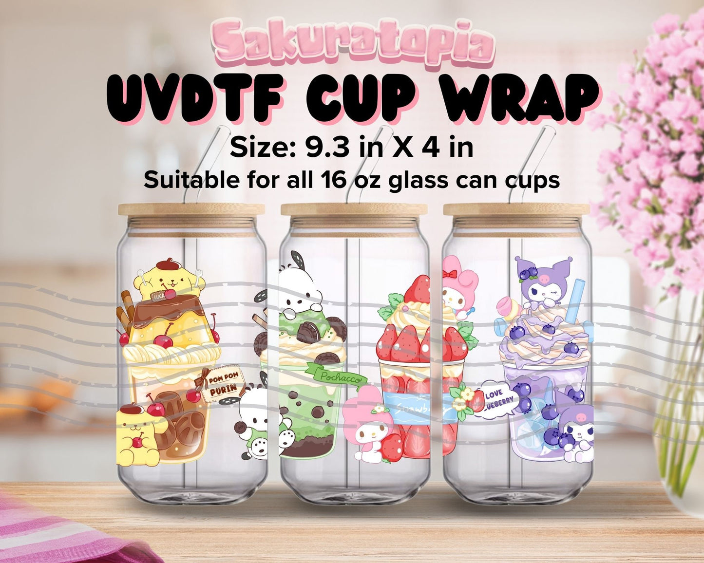 UVDTF Sanrio Anime Cup Wrap, Ready to Use Glass Cup Wrap for Glass Can | Ready to Apply UVDTF, UVDTF Transfers