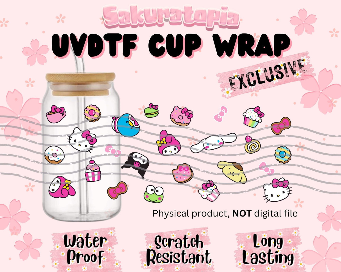 UVDTF Sanrio Anime Cup Wrap, Ready to Use Glass Cup UVDTF transfers for Glass Can | Ready to Apply UVDTF wraps for Libbey Glass