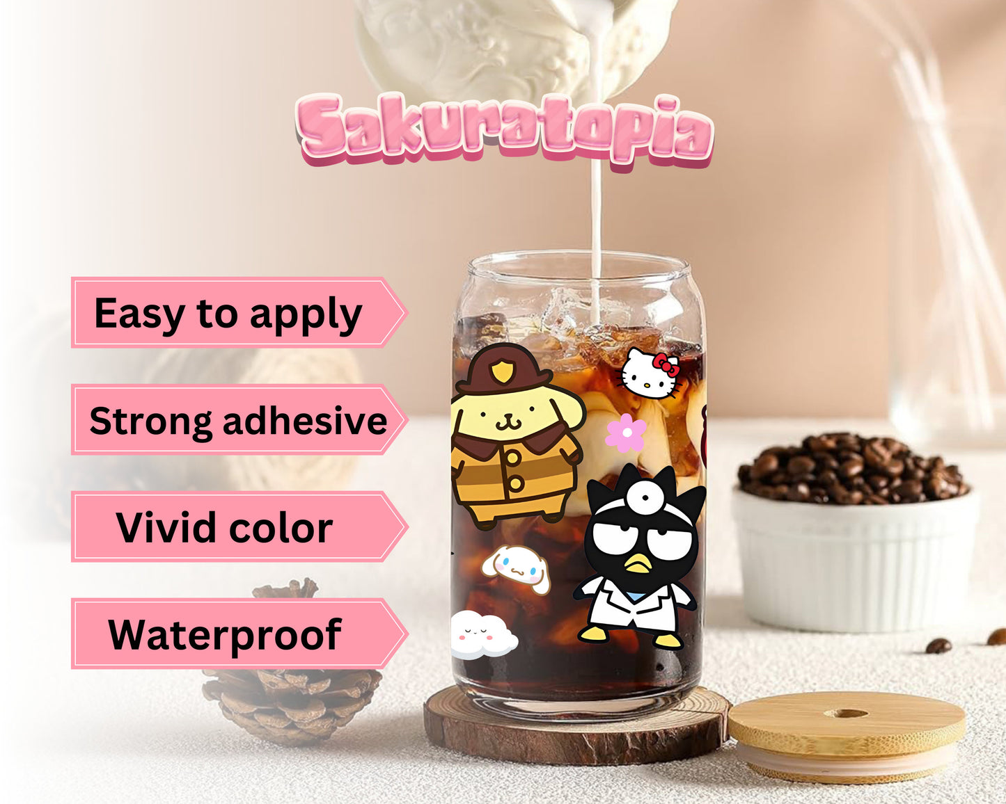 UVDTF Sanrio Anime Cup Wrap, Ready to Use Glass Cup UVDTF transfers for Glass Can | Ready to Apply UVDTF wraps for Libbey Glass