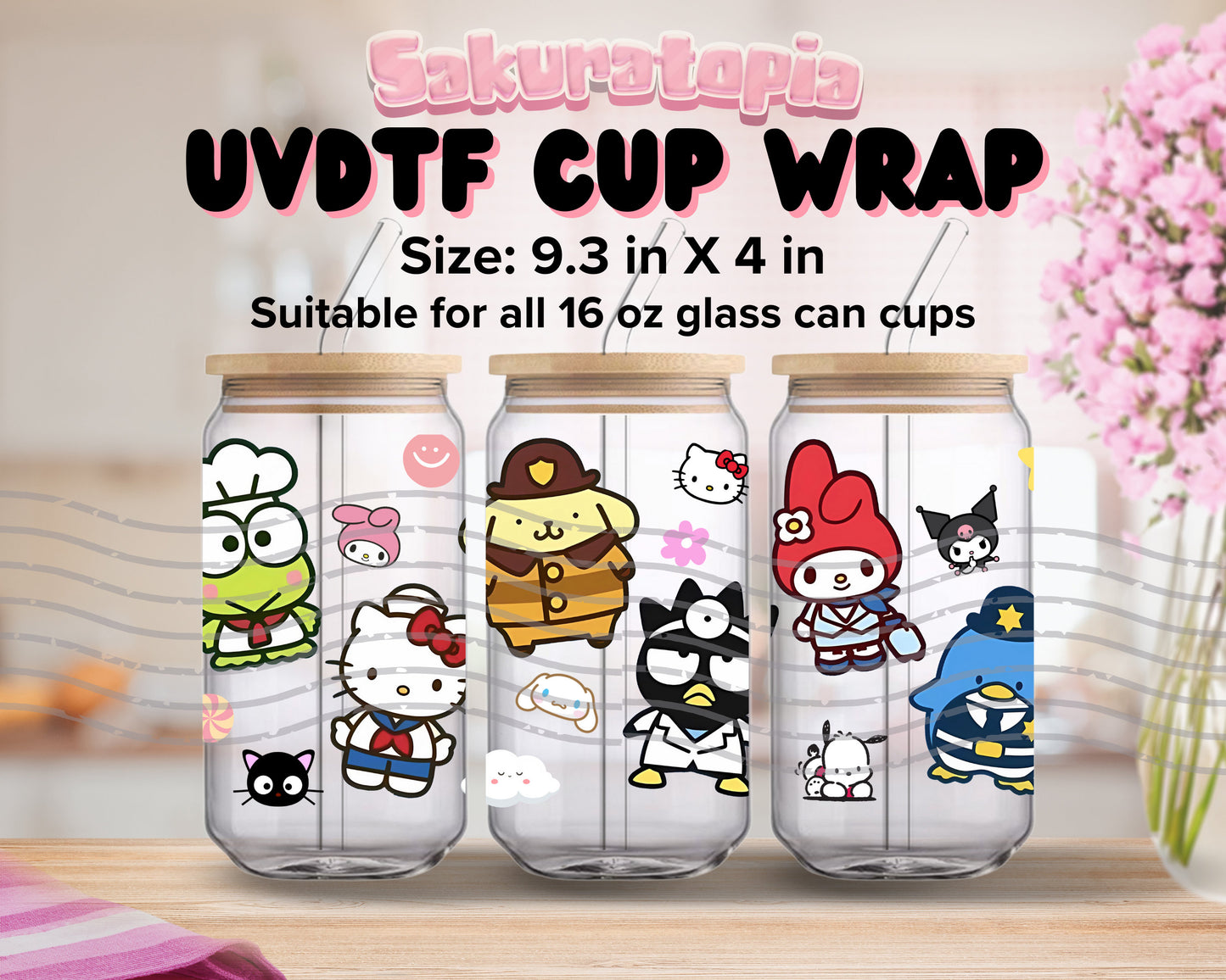 UVDTF Sanrio Anime Cup Wrap, Ready to Use Glass Cup UVDTF transfers for Glass Can | Ready to Apply UVDTF wraps for Libbey Glass