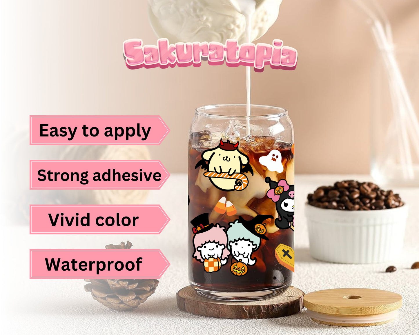 UVDTF Sanrio Anime Cup Wrap, Ready to Use Glass Cup UVDTF transfers for Glass Can | Ready to Apply UVDTF wraps for Libbey Glass