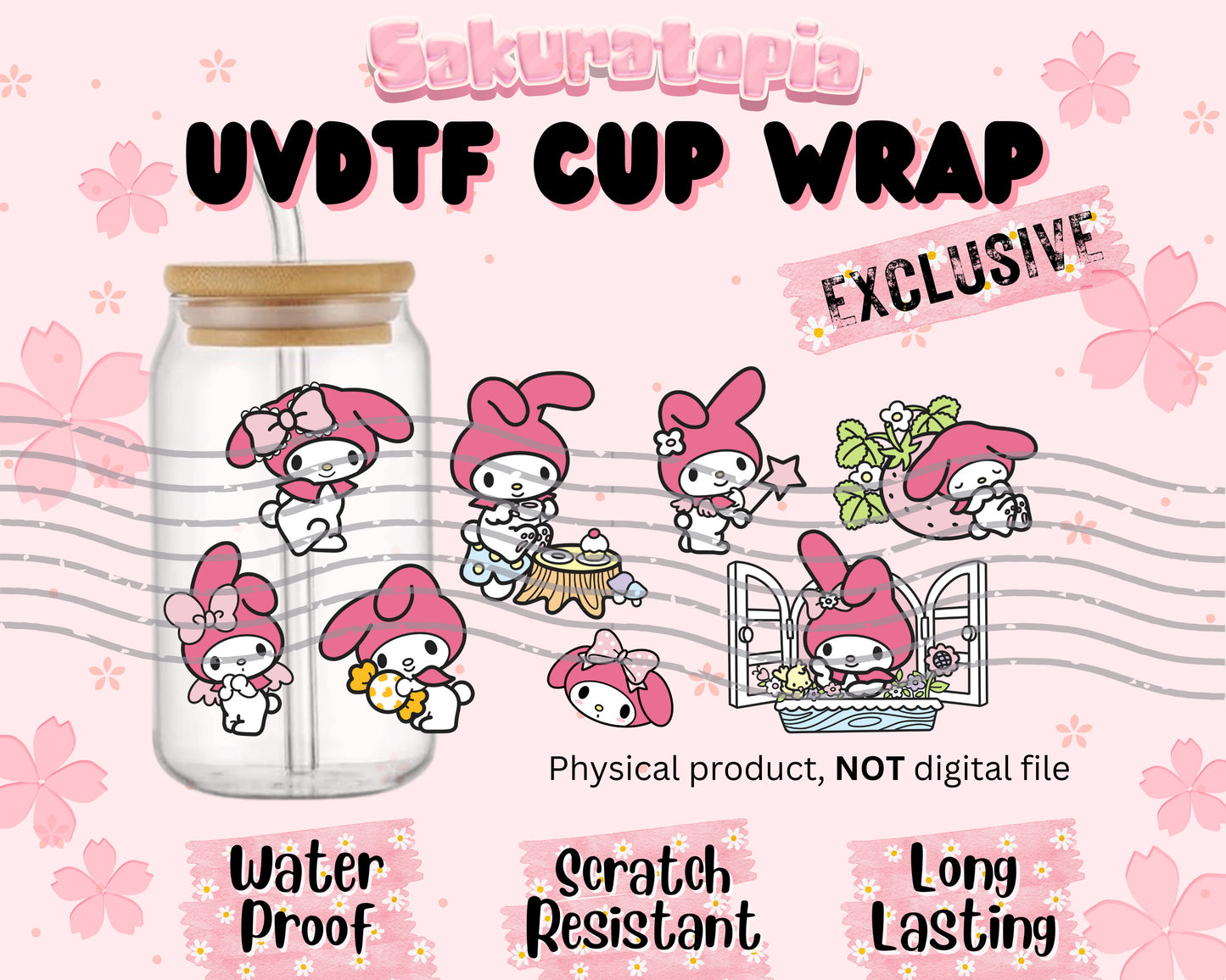 UVDTF Sanrio Anime Cup Wrap, Ready to Use Glass Cup UVDTF transfers for Glass Can | Ready to Apply UVDTF wraps for Libbey Glass