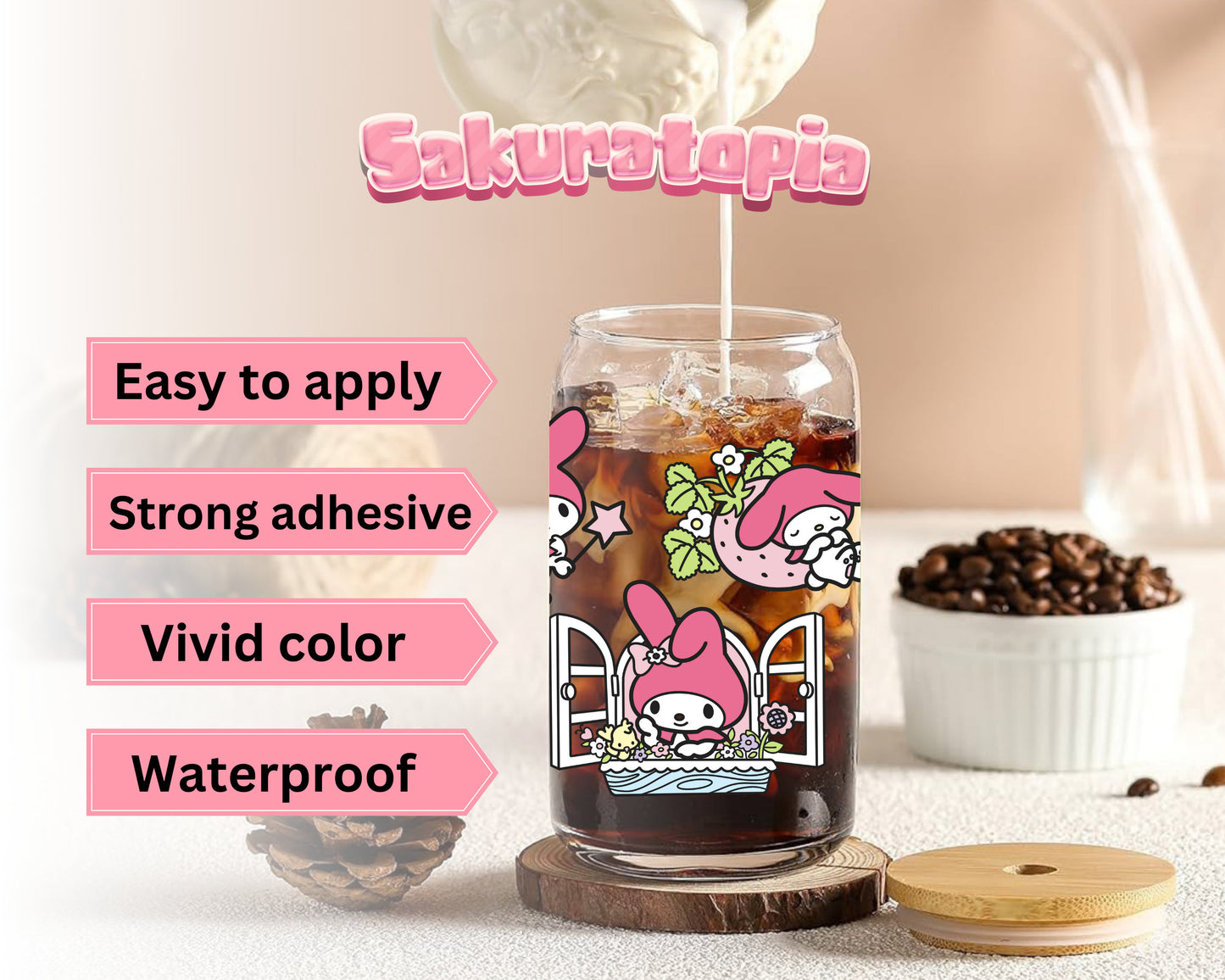 UVDTF Sanrio Anime Cup Wrap, Ready to Use Glass Cup UVDTF transfers for Glass Can | Ready to Apply UVDTF wraps for Libbey Glass