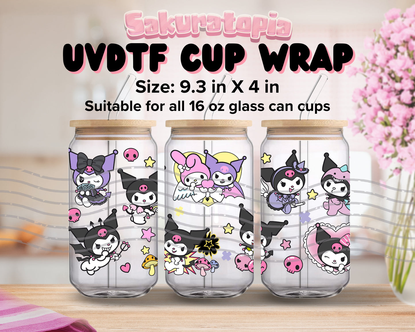UVDTF Sanrio Anime Cup Wrap, Ready to Use Glass Cup UVDTF transfers for Glass Can | Ready to Apply UVDTF wraps for Libbey Glass