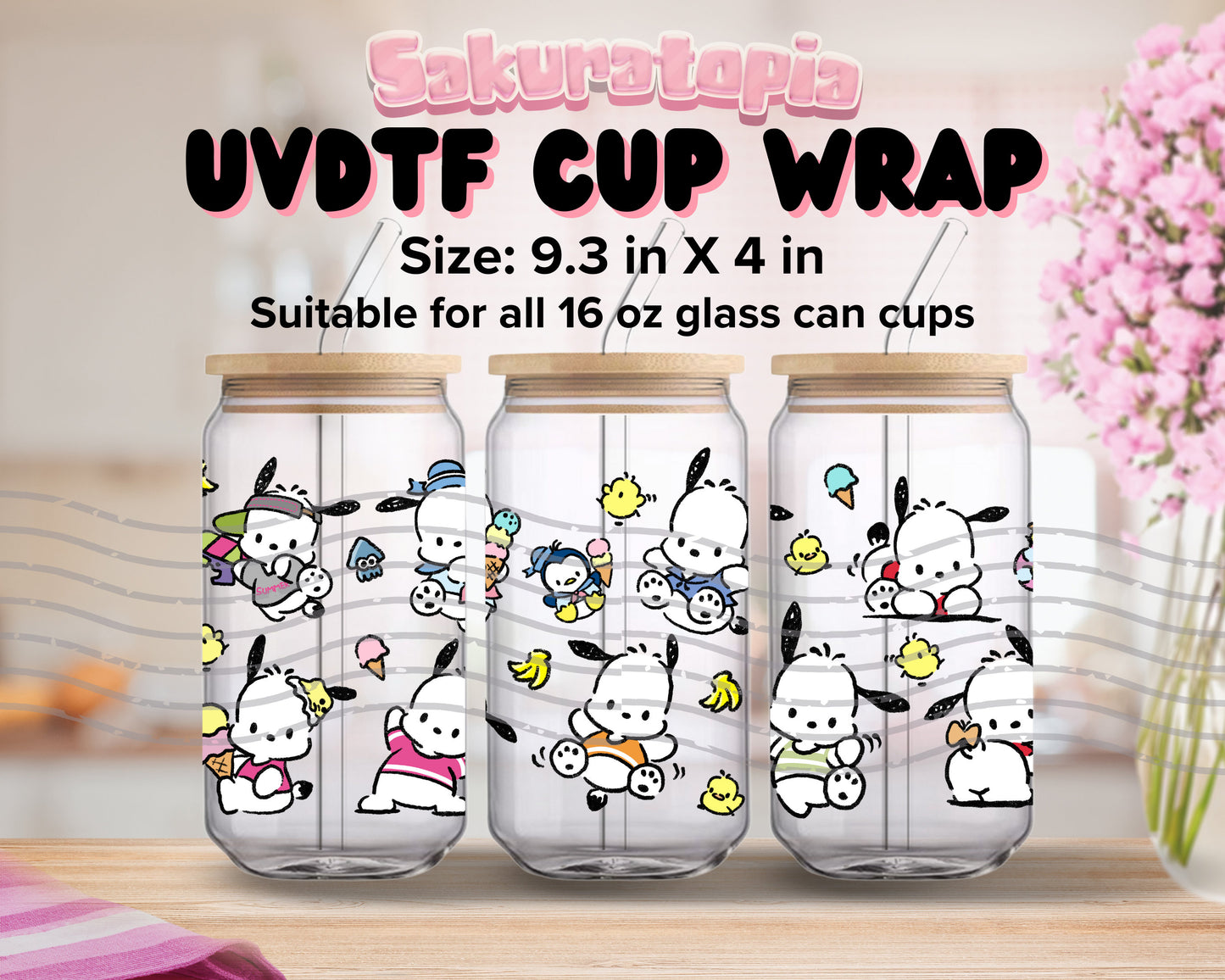 UVDTF Sanrio Anime Cup Wrap, Ready to Use Glass Cup UVDTF transfers for Glass Can | Ready to Apply UVDTF wraps for Libbey Glass