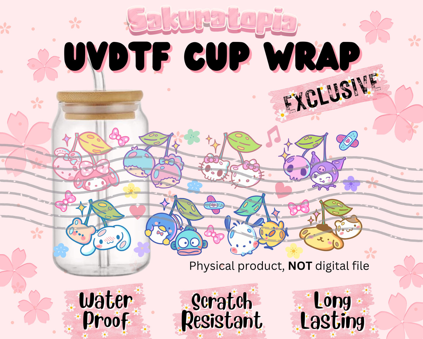 UVDTF Sanrio Anime Cup Wrap, Ready to Use Glass Cup UVDTF transfers for Glass Can | Ready to Apply UVDTF wraps for Libbey Glass