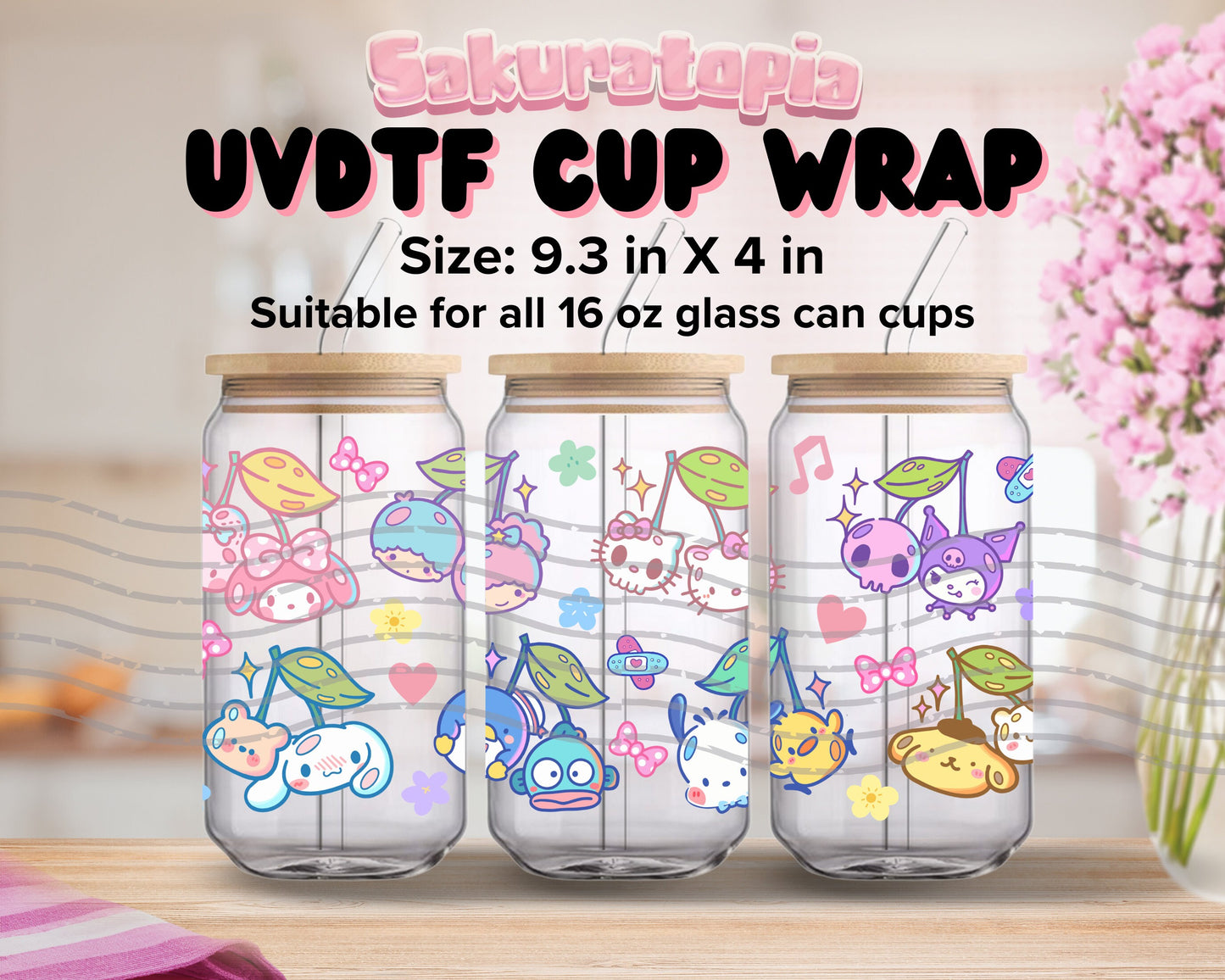 UVDTF Sanrio Anime Cup Wrap, Ready to Use Glass Cup UVDTF transfers for Glass Can | Ready to Apply UVDTF wraps for Libbey Glass