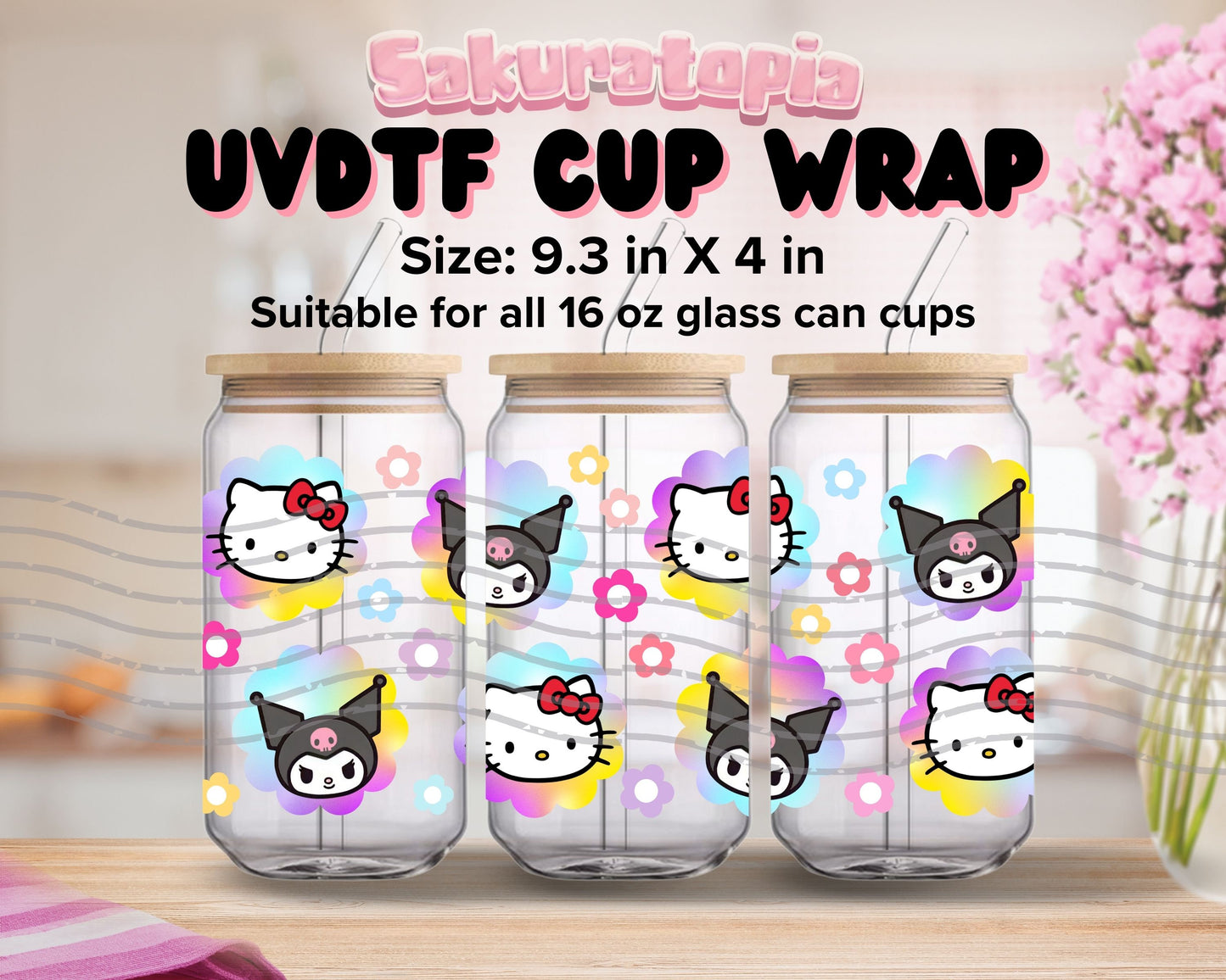 UVDTF Sanrio Anime Cup Wrap, Ready to Use Glass Cup UVDTF transfers for Glass Can | Ready to Apply UVDTF wraps for Libbey Glass
