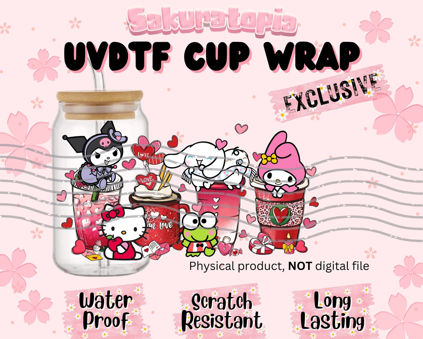 UVDTF Sanrio Anime Cup Wrap, Ready to Use Glass Cup UVDTF transfers for Glass Can | Ready to Apply UVDTF wraps for Libbey Glass