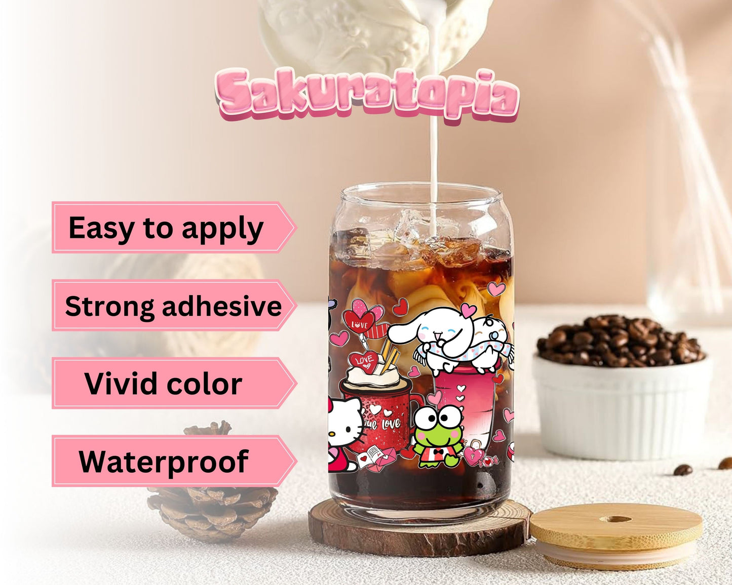 UVDTF Sanrio Anime Cup Wrap, Ready to Use Glass Cup UVDTF transfers for Glass Can | Ready to Apply UVDTF wraps for Libbey Glass