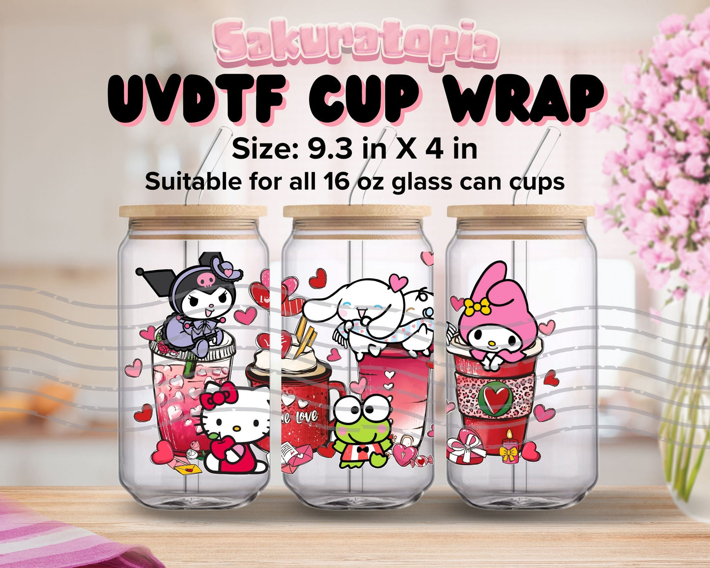 UVDTF Sanrio Anime Cup Wrap, Ready to Use Glass Cup UVDTF transfers for Glass Can | Ready to Apply UVDTF wraps for Libbey Glass